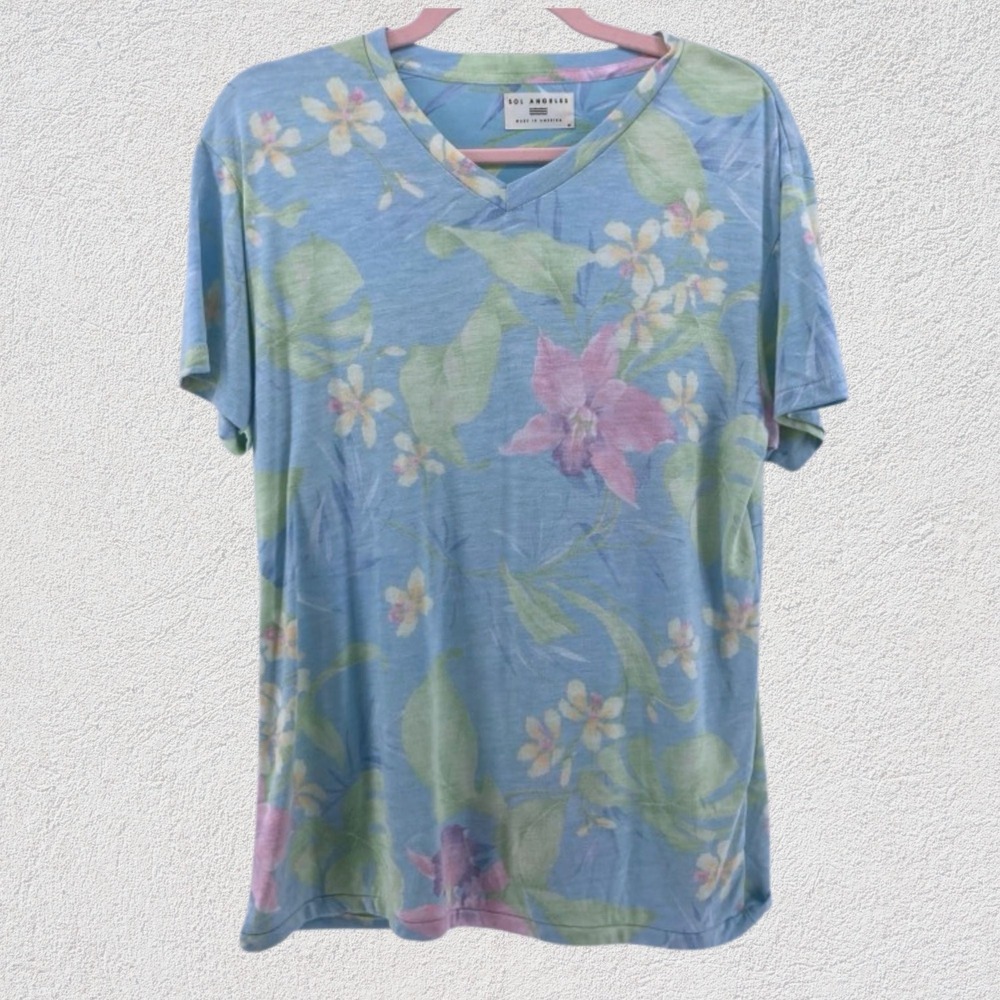 Sol Angeles Womens Tropical Floral V-Neck Slub Knit T-Shirt Blue M Made in USA‎